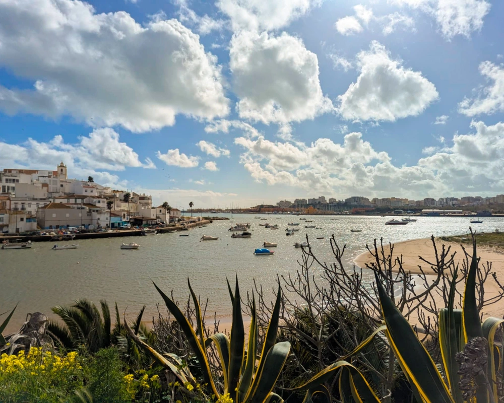 Riverside view in Ferragudo of fishing boats