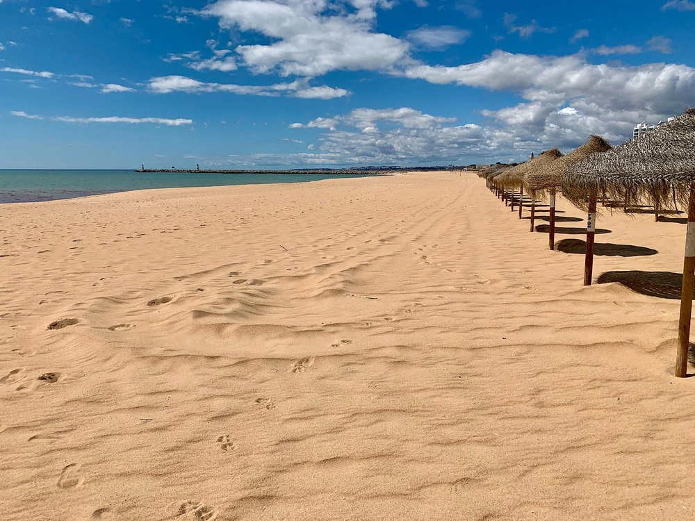 The expansive golden sand of Praia da Vilamoura beach in Vilamoura, with a line of thatched umbrellas stretching towards the calm blue sea.