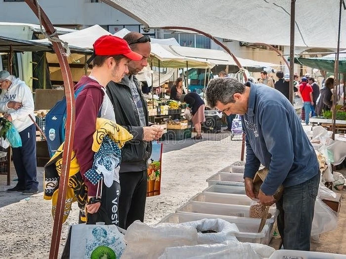 Shoppers browsing stalls at the bustling outdoor Wednesday Gypsy Market in Quarteira.