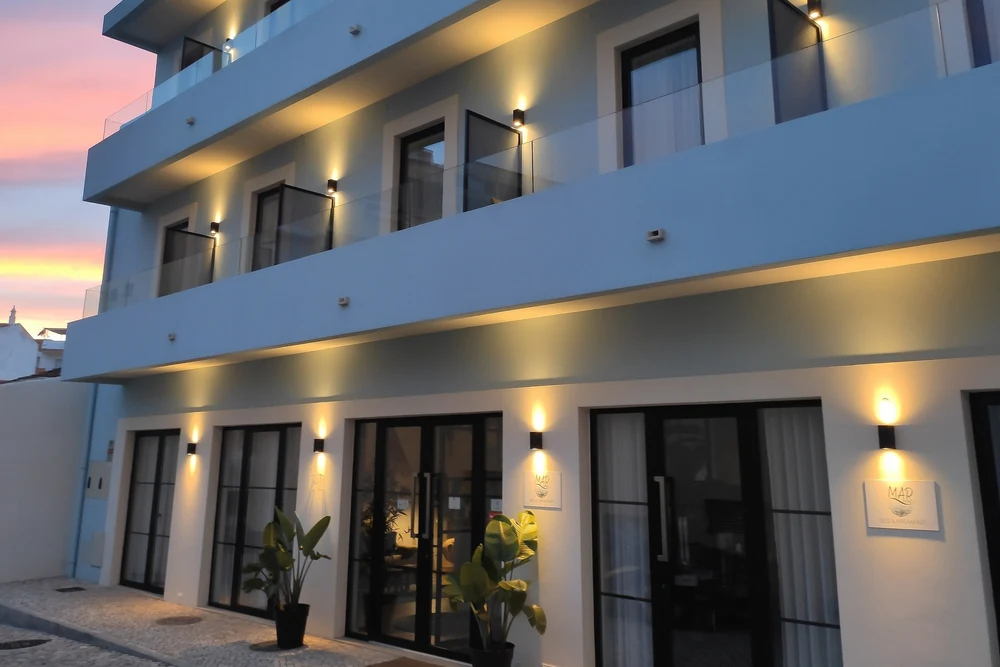 Exterior of the modern MARSUITES accommodation in Armação de Pêra, Algarve