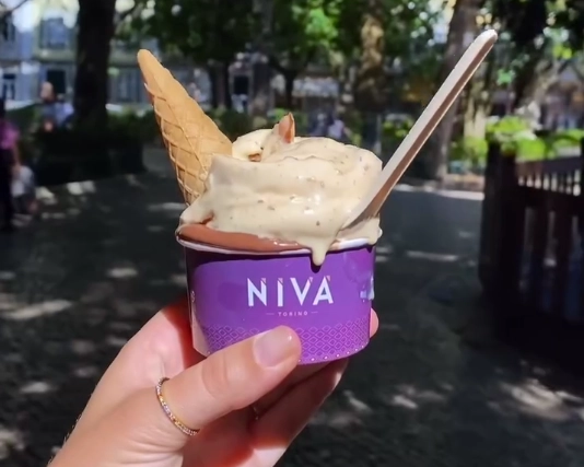 A cup of hazelnut and chocolate Italian gelato from Cremeria Nivà Lisboa in the Chiado district.