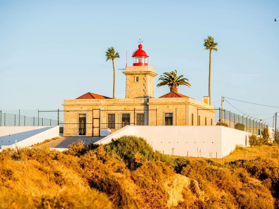 A sunlit view of a historic lighthouse in Lagos, framed by two tall palm trees against a clear blue sky.